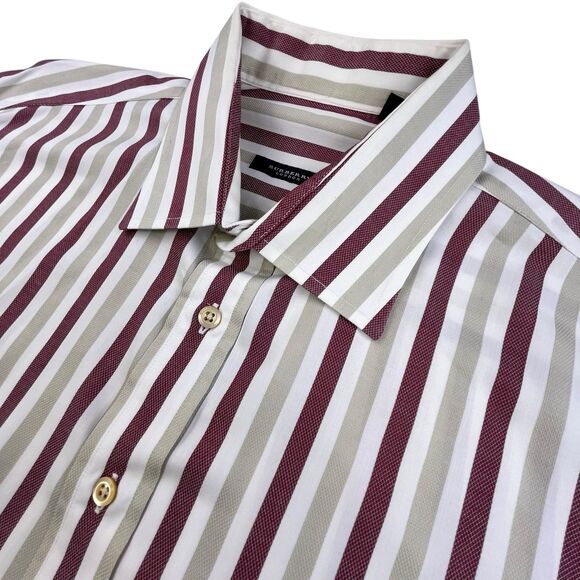 Vintage Burberry London Dress Shirt Mens XL White Maroon Cream Stripe Cotton USA